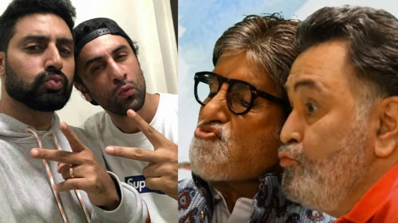 Abhishek Bachchan-Ranbir Kapoor and Amitabh Bachchan with their respective pouts.