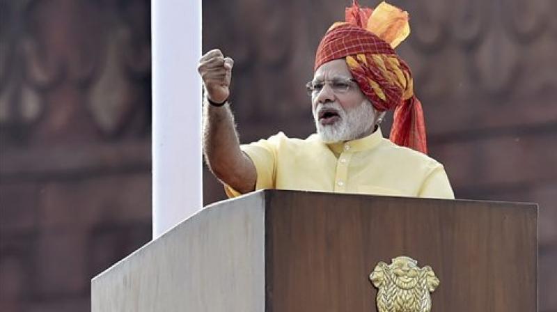 Prime Minister Narendra Modi addressing the nation during the 71st Independence Day function at the historic Red Fort in New Delhi (Photo: PTI)