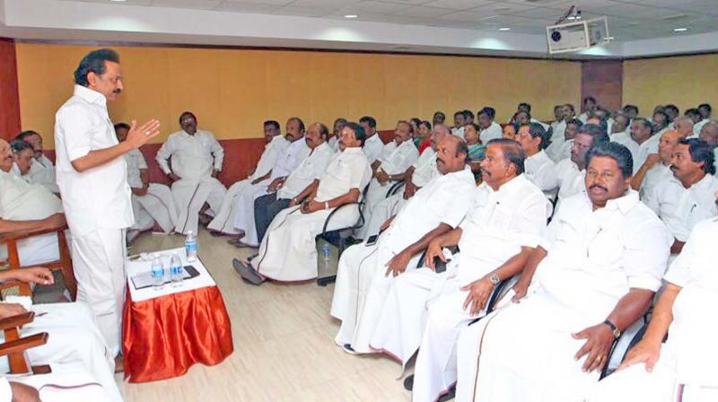 DMK working presedent M.K. Stalin addresses MLAs at a party meeting held at Anna Arivalayam on Tuesday. (Photo: DC)