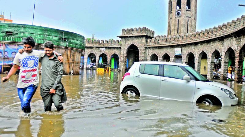 With no storm water drainage in place, the Mozamjahi market in Hyderabad was flooded after a heavy down pour on Friday.