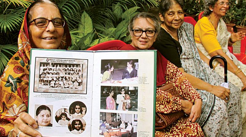 Classmates of late Jayalalithaa  Noela Barnabas, Alice Jesuadian, Fathima Jaffer and Dorothy Sampath  held a condolence meeting in remembrance of the former Tamil Nadu chief minister, who passed away in Chennai on Monday night, at the Bishop Cotton Girls School, in Bengaluru on Wednesday. Ms Jayalalithaa studied at the school from first to fourth standard (Photo: R. Samuel)