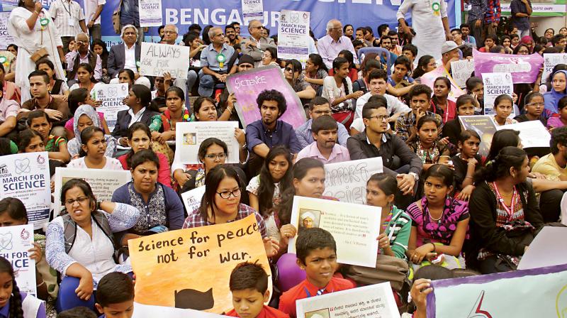 Students and Professors take part in India March for science to create awareness on Science, in Bengaluru on Wednesday.