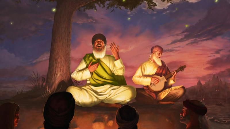 Guru Nanak Dev  Shabad Vichar :The artist show Guru Sahib smiling which represents bliss while singing kirtan. (Photo: Bhagat Singh)