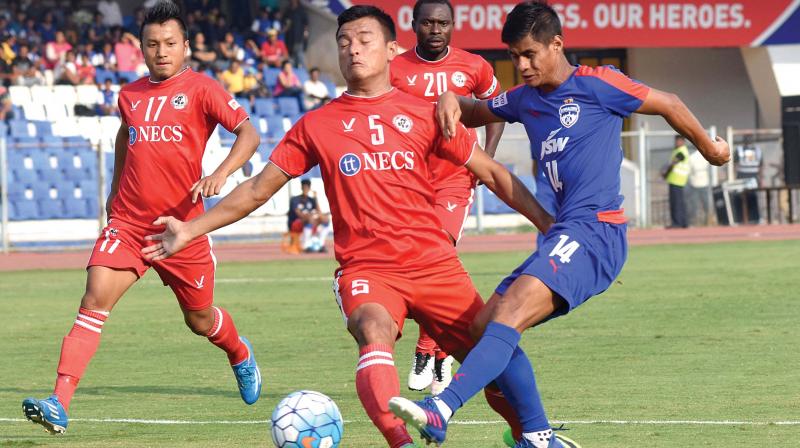 Slice of action from the BFC and Aizawl match in Bengaluru on Sunday. (Photo: R. SAMUEL)