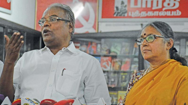 CPI(M) state secretary K. Balakrishnan met the press on Monday in the party office after the Supreme Court verdict on Sterlite. Central committee member P. Vasuki also present (Photo: DC)