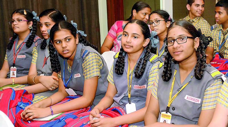 Students of different  schools at the Roundtable on Future of School Education in A.P. organised by Oswaal Books in Vijayawada on Thursday. (Photo: DC)