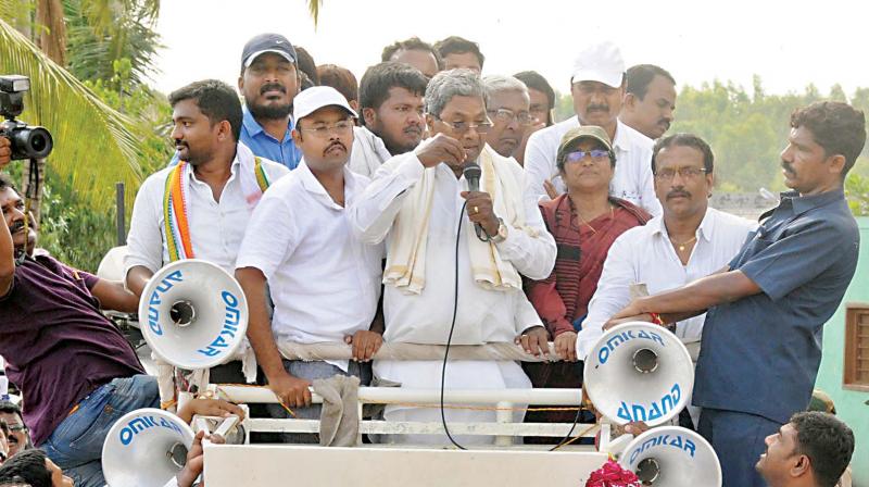 Chief Minister Siddaramaiah at Madegowdana Hundi during his campaign in Varuna constituency on Thursday.  (Photo:KPN)