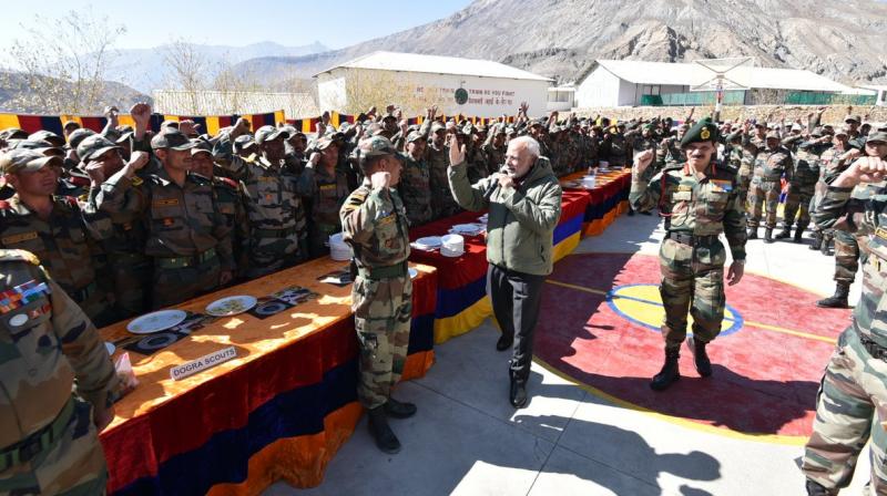 Prime Minister Narendra Modi on the auspicious occasion of Diwali today met jawans of the Indo-Tibetan Border Police (ITBP). (Photo: ANI Twitter)