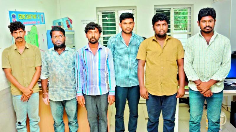 The person with burn injuries K. Srinu (second from left), works as a driver for Crystal Crop Protection company. Others are all drivers of the vans in which the material was shifted to Kurnool.