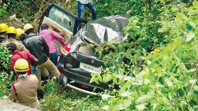 Mangled remains of the car amidst the bushes in the woods along the Ooty-MTR road.     Image; DC