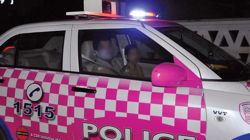 A male police driving a pink patrol vehicle at Kozhikode south beach road late on Wednesday night.  (Photo: Viswajith K)
