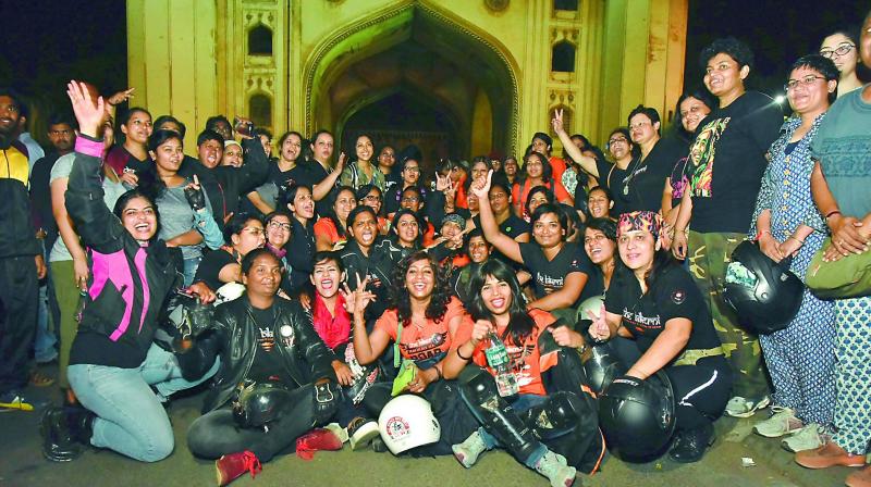 Women bikers pose after completing the eight kilometre ride from Peoples Plaza to Charminar