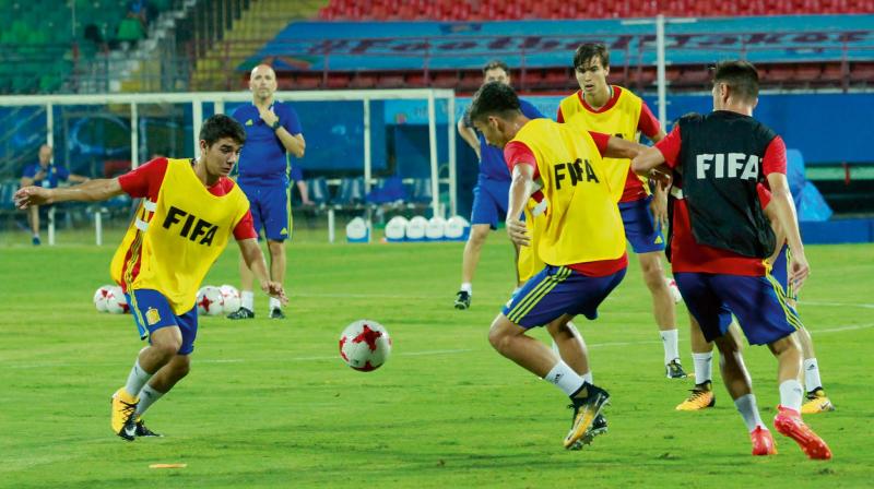Members of the Spain team train at the Jawaharlal Nehru Stadium in Kochi on Friday, the eve of their Fifa U-17 World Cup match against Brazil. (Photo: Arunchandra Bose)