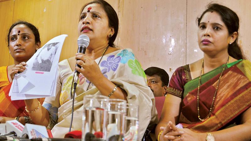 Corporators Manjula Narayanswamy, Asha Suresh and Mamatha Vasudev addressed a press meet against MLA Munirathna in Bengaluru on Monday. (Phtoo: Shashidhar)