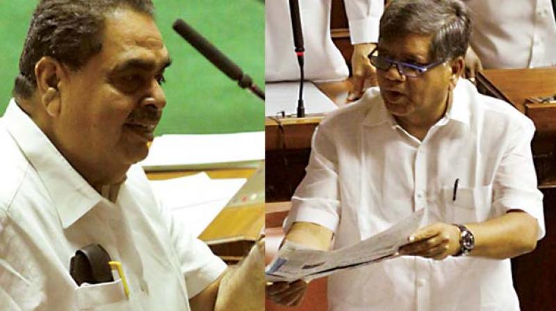 Forest Minister Ramanath Rai speaks during the Assembly session in Bengaluru on Monday. (Right ) Leader of the Opposition in the Assembly raising an issue during the session. (Photo: DC)