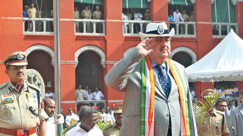 Madras High Court Chief Justice, Sanjay Kishan Kaul, salutes the national flag at Madras High Court during the 68th Republic Day celebrations on Thursday. (Photo: DC)