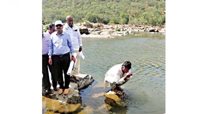 Water Resources Minister D.K. Shivakumar during a visit to the proposed balancing reservoir site at Mekedatu on Friday.
