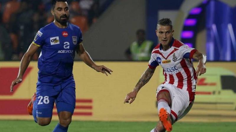 It was a goal by Portugese Zequinha which eventually won the match for the Kolkata team, lifting them off the bottom spot.  (Photo: Indiansuperleague.com)