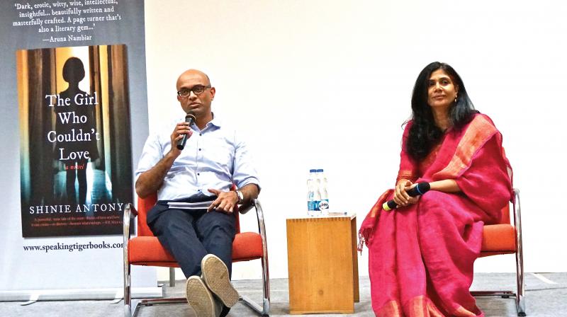 Author Shinie Antony and journalist-author G. Sampath during the launch of the book The Girl Who Couldnt Love at the Max Mueller Bhavan, Bengaluru,