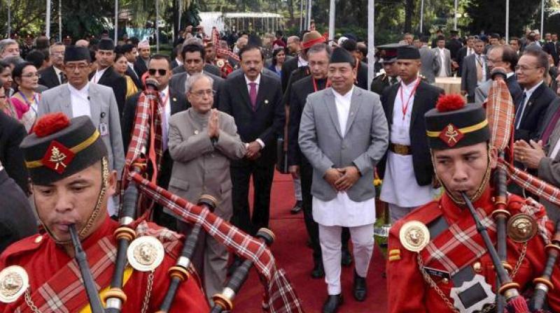 President Pranab Mukherjee with Indian Ambassador to Nepal, Ranjit Rae during a reception hosted in his honour in Kathmandu on Wednesday. (Photo: PTI)