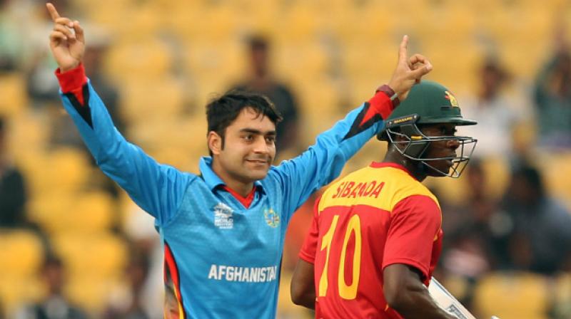 Rashid Khan celebrates after taking a wicket against Zimbabwe. (Photo: AFP)