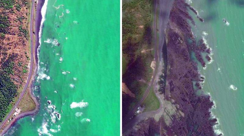 Aerial view of the coastline before and after the quake shows how the sea bed has been forced up. (Photo: Web)