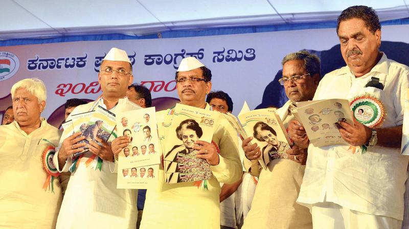 (From left) RDPR Minister H.K. Patil, KPCC working president Dinesh Gundurao, Home Minister Dr G. Parameshwar, Chief Minister Siddaramaiah and Forest Minister B. Ramanth Rai at the birth centenary celebrations of former Prime Minister Indira Gandhi in Mangaluru on Saturday (Photo: KPN)