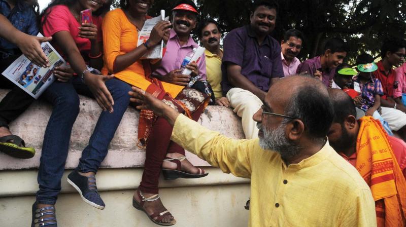 Union minister Alphons Kannanthanam visits Thrissur Pooram on Wednesday. (Photo: ANUP K. VENU)