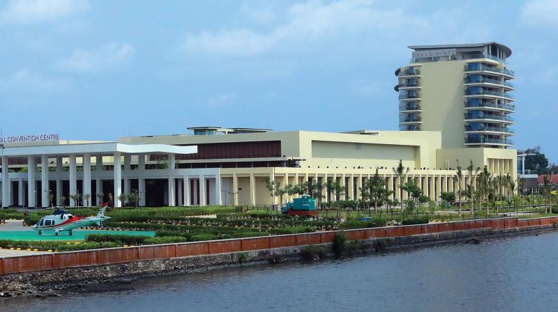 A view of the Lulu Bolgatty international convention centre and Grand Hyatt in Kochi, which will be inaugurated on Saturday (Photo: ARUN CHANDRABOSE)