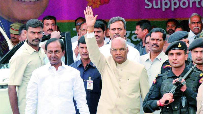 Chief Minister K. Chandrasekhar Rao with NDA Presidential poll nominee Ram Nath Kovind at Jalavihar in Hyderabad on Tuesday. (Photo: DC)