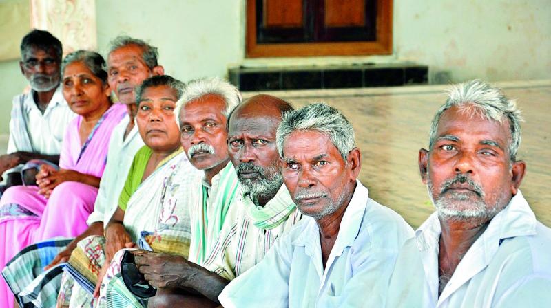 Victims who lost their vision after eye surgery, at Vetlapalem in East Godavari district on Tuesday. (Photo: DC)