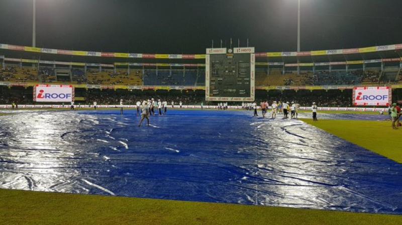 Wet outfield delayed the start of the 2018 Nidahas Trophy encounter between Sri Lanka and India on Monday. (Photo: Twitter / BCCI)