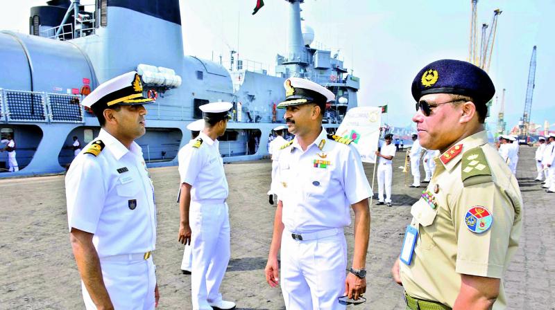 Eastern Naval Command personnel receive the personnel from Bangladesh Naval Ship Somudra Avijan which arrived in Visakhapatnam on a four-day goodwill visit to the Eastern Naval Command on Tuesday. (Photo: DC)