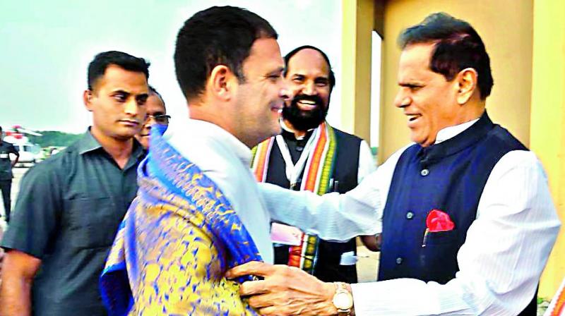 Congress president Rahul Gandhi with MP Dr T. Subbarami Reddy in Hyderabad on Saturday.