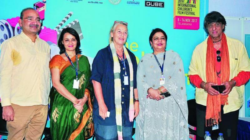 From left, Dr Shravan Kumar, Amala Akkineni, Sannette and Mukesh Khanna address an open forum on women and childrens films.