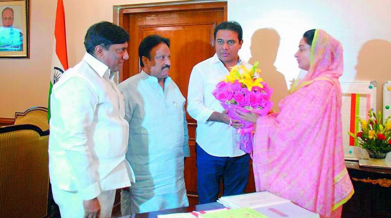 KTR meets Union minister of food processing Harsimrat Kaur Badal in New Delhi on Monday. (Photo: DC)