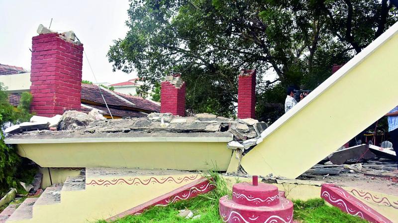 The shed that collapsed at the New Century School in Kukatpally that killed two students and injured four others on Thursday.  (Image: DC)
