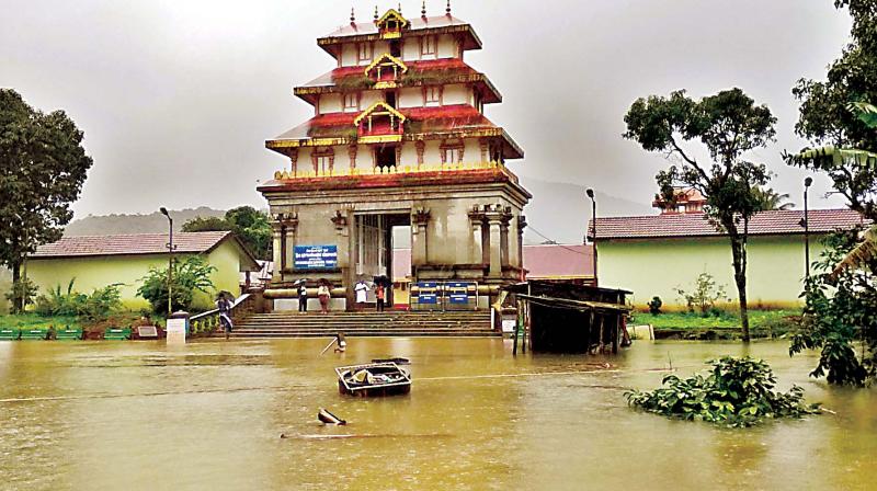 Bhagamandala temple area was flooded on Tuesday as heavy rains continued to lash Kodagu on Tuesday (Photo: KPN)