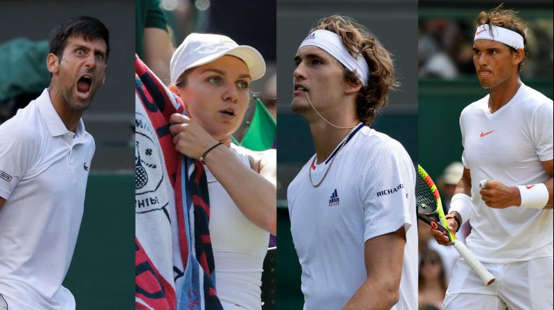 While former champions Rafael Nadal and Novak Djokovic continued their march, Alexander Zverev and womens world number one Simona Halep wilted in 33-degree heat and crashed out of Wimbledon in round three. (Photo: AP / AFP)