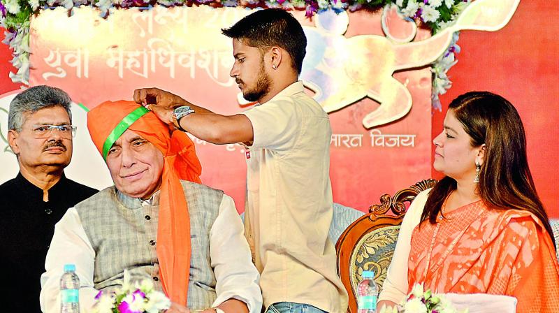 Union home minister Rajnath Singh and BJYM national president Poonam Mahajan at the Maha Adhiveshan of  BJYM, in Secunderabad, on Saturday (Photo: S. Surender)