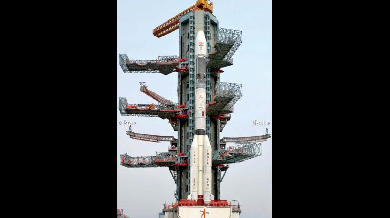 GSLV-F08 at the Umbilical Tower of the Second Launch Pad 	(ISRO official website)