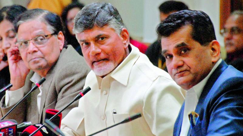 AP CM Chandrababu Naidu with NITI Aayog vice chairman Arvind Panagariya in New Delhi on Thursday.