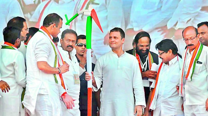 Congress president Rahul Gandhi at a public meeting in Kamareddy district headquarters on Saturday.