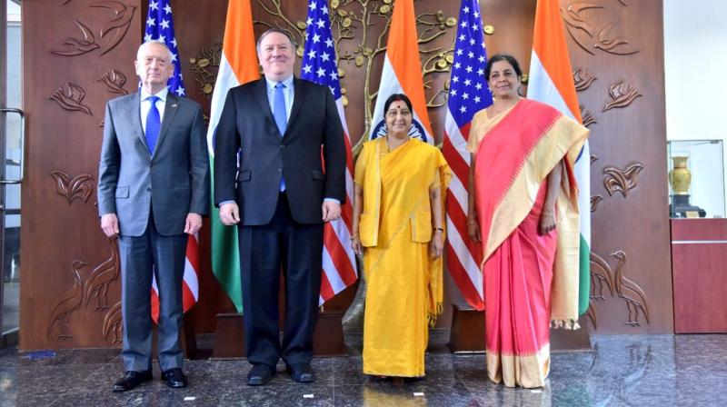 Earlier in the day, Swaraj and Sitharaman held separate meetings with Pompeo and Mattis respectively. (Photo: MEA | Twitter)