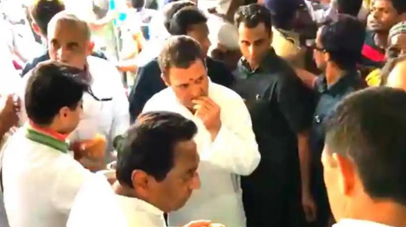 Senior party leaders, including MP Congress Committee president Kamal Nath and state partys campaign panel chairman Jyotiraditya Scindia, were seen by his side. (Photo: Video screengrab)