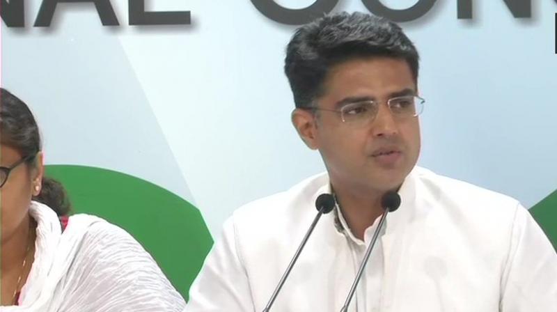 In the 44 months till January 2018, the Modi government witnessed an unprecedented 19,000 bank fraud cases involving Rs 90,000 crore, Congress leader Sachin Pilot said at a press conference along with party colleagues Rajiv Satav and Sushmita Dev. (Photo: ANI | Twitter)