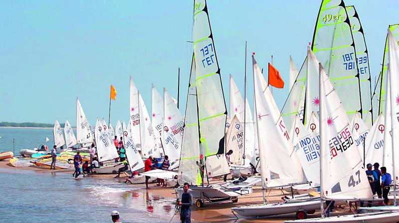 Boats belonging to sailors from different countries are ready to take part in the 9th edition of the International youth sailing competition of India, 2017 which is being held at Krishnapatnam Port in Nellore from Wednesday. (Photo: DC)