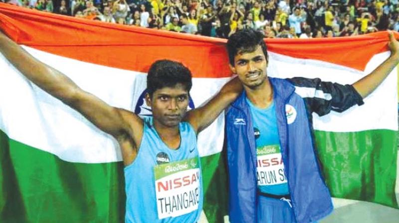 Mariyappan (left) and Varun Singh Bhati, gold and bronze medalists in mens high jump in Rio Paralympics.