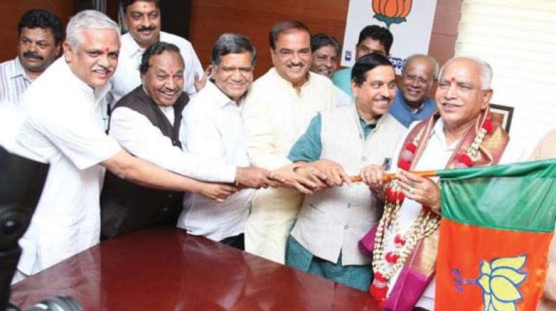 A file photo of State BJP leaders B.L. Santhosh, K.S. Eshwarappa, Jagadish Shettar, H.N. Ananth Kumar, Prahlad Joshi and B.S. Yeddyurappa