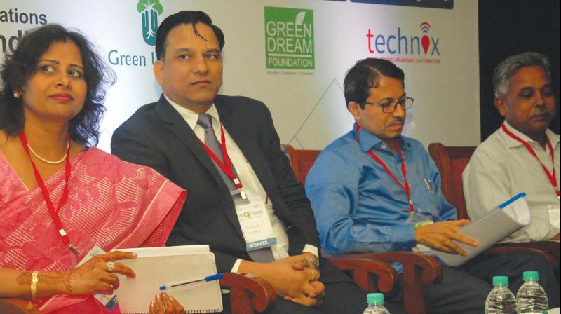 Chairman of Prospur Events & Promotions Pradeep Maithani, Chairman of CeNSE, IISc, Prof Navakanta Bhat, KSPCB Senior Scientific Officer Dr Nagappa, Deputy Director of IPCA Dr Radha Goyal at the inauguration of Air-O-Thon Conference in Bengaluru on Friday (Photo: KPN)